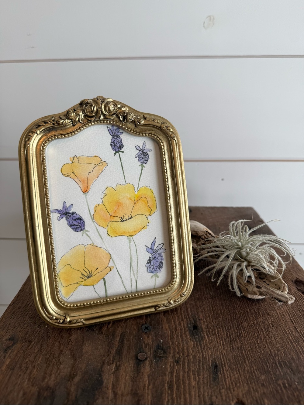 Hand crafted watercolor original in ornate 4x6 gold frame